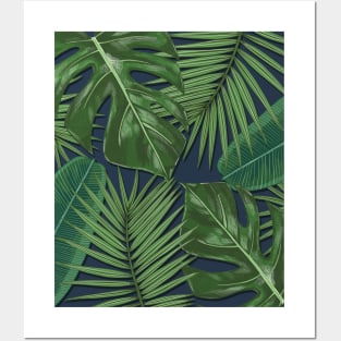Monstera, Spider Palm, Tropical Leaves Print on Dark Blue Posters and Art
